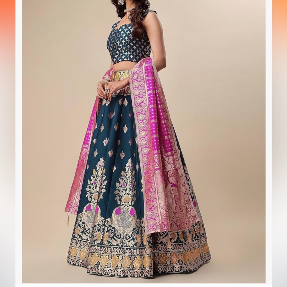 Silk Lehenga Choli - Gold, teal and fuschia - wedding guest dress